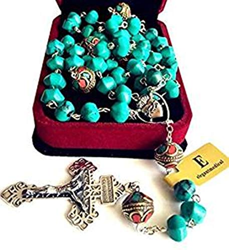 elegantmedical Turquoise TIBET COPPER BEADS STERLING 925 SILVER ROSARY NECKLACE Catholic2