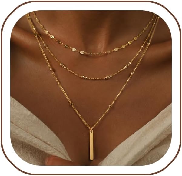 Layered Gold Necklaces for Women Trendy 14K Gold Plated Stackable Stack Layering Bar Cross Circle Choker Pendant Chain Necklace Set Jewelry for Women