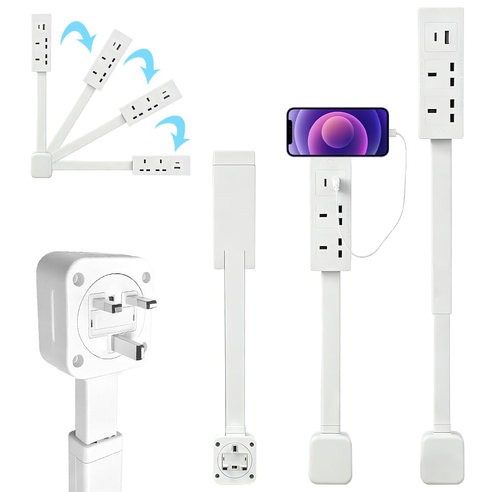Socket Extender, SGZIOO Extendable Rotating Outlet Extender, Plug In Extension Sockets with 2 AC Outlets, USB, Type-C, Extends 19"-27", Rotates 180°, for Behind Furniture, Tight Spaces