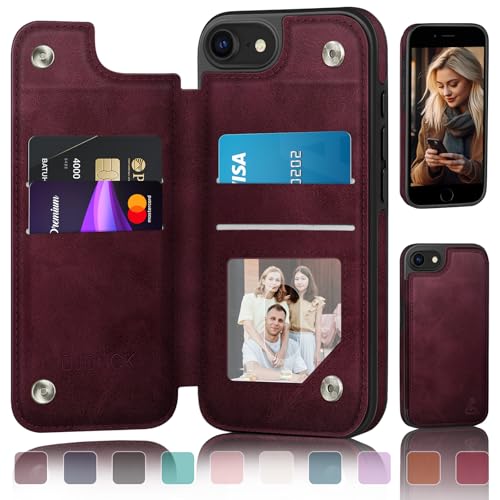 DJDUCK Designed for iPhone 7/8/SE2020/SE2022 Case Wallet with Card Holder [Magnetic Clasp Cover] [RFID Blocking Leather Protection] Shockproof Women Men Cases 4.7 Inch for Apple 7/8/SE2/SE3 Wine Red