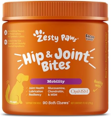 Zesty Paws Hip and Joint for Dogs, Glucosamine for Dogs Hip and Joint Supplement with Chondroitin, MSM, Vitamins C & E - Bacon, 90 Count