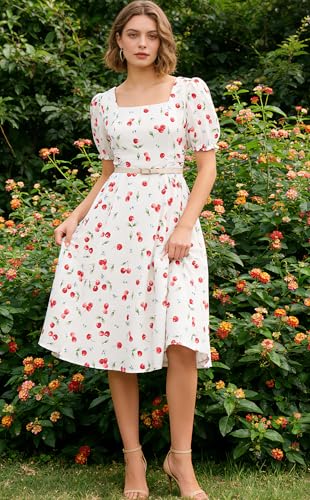 Image of Belle Poque Women's Vintage Midi Cottagecore Cocktail Dresses | Belle Poque Women's Vintage Cottage Core Dress,A-line,Midi,Square Neck,Homecoming Dress,Cocktail Dress,Sun Dress