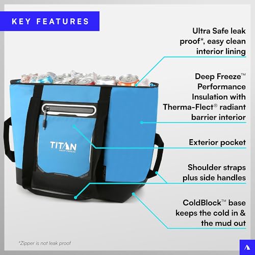 Image of Titan by Arctic Zone Soft Sided Cooler Tote, Insulated Bag with Handle, Shoulder Strap, and Zipper for Lunch, Picnic, and Travel, 30 Can Capacity