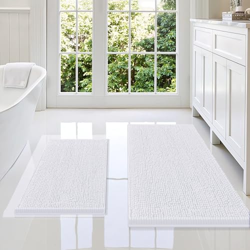 Image of Smiry Bathroom Rugs Sets 2 Piece, Soft Absorbent Chenille Machine Washable Non Slip Shaggy Bath Rug Set for Tub, Shower, and Floor (36x24+24x16, White)