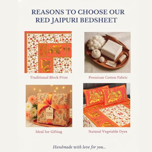 Image of JAIPUR PRINTS 160-TC, 100% Cotton Bedsheet for Double Size Bed bedsheets Rajasthani Traditional Double Size Bedsheet with 2 Pillow Cover /90x100 inch /235x215cm /Soft-Breathable & Durable /Orange Gangor