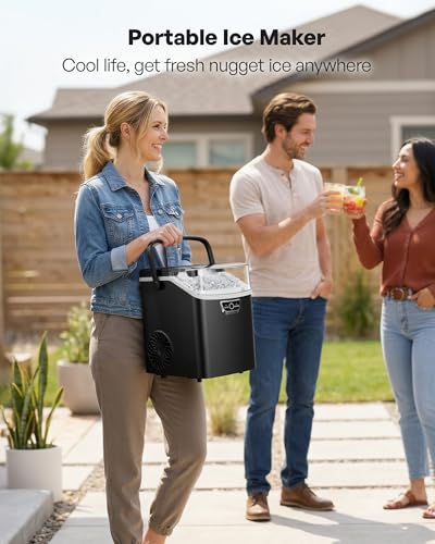 Image of EUHOMY Nugget Ice Maker Countertop with Handle, Max 40lbs Daily Sonic Ice | Ice in 4 Mins, Self-Cleaning, Portable Pebble Ice Maker with Basket and Scoop, for Home /Party /RV /Camping, Black