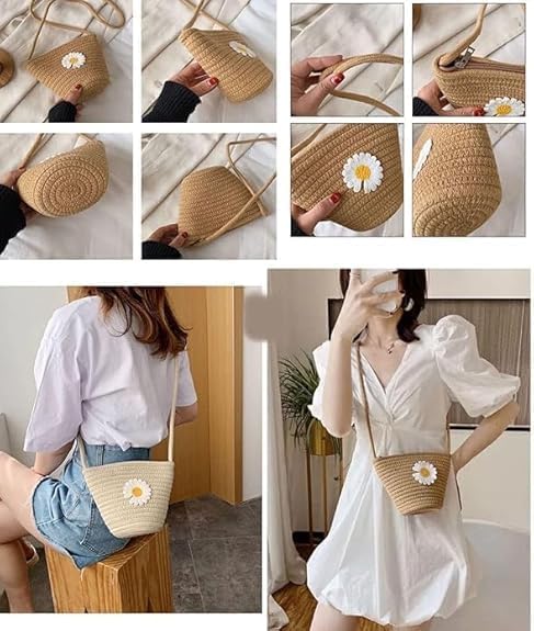 Image of Classy Bag Handmade Woven Straw Pouch with Daisy Design | Natural Jute Cosmetic Pouch for Women & Girls | Eco-Friendly Multipurpose Travel Organizer