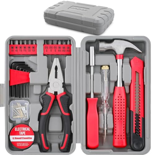 Image of Hi-Spec 25-Piece Small Tool Kit with Knife and Hex Key Included: Basic Essential Tool Set for Home, Office, and College (Red)