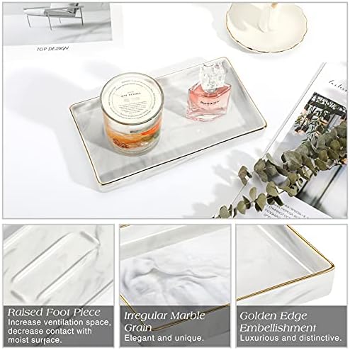 Emibele Ceramic Vanity Tray, Marble Decor Tray Bathtub Toilet Tank, Vanity Bathroom Tray Organizer Jewelry Storage Dresser Tray for Candle,Jewelry,Lotion Bottle,Perfume, Cosmetics, Small Size