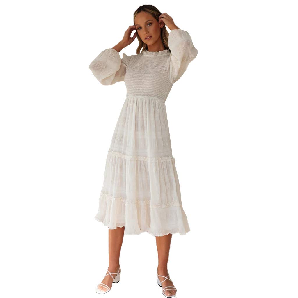 ZZBO Sommerkleider gerüscht Freizeitkleider Abschlussball Kleider Damen Langarm Elegant Strandkleid Große Größen Solide Prom Dress Mid-Calf Elegant Festival Partykleid mit Laterne ärmel S-XL(Weiß)
