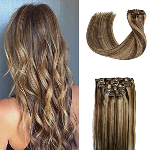 Hair Extensions Clip in Human Hair Medium Brown with Honey Blonde Highlighted Remy Clip in Human Hair Extensions 8A Brazilian Huaman Hair Extensions Straight Real Hair Extensions 15 inch 7pcs 70g