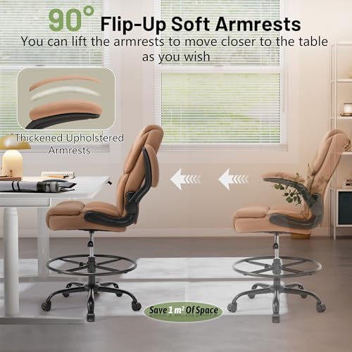Image of 500LBS Drafting Chair, High Back Safer Standing Desk Chair, Executive Tall Office Chair with Flip-up Armrests, Upholstered PU Leather Task Chair, Ergonomic Seat with Adjustable Height&Foot Ring, Brown