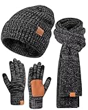 Winter Hat Gloves Scarf Set for Men Women, Mens Beanie with Fleece Lined Long Thick Scarf Touchscreen Gloves for Cold Weather, 3 in 1 Warm Gift Set(A-01)