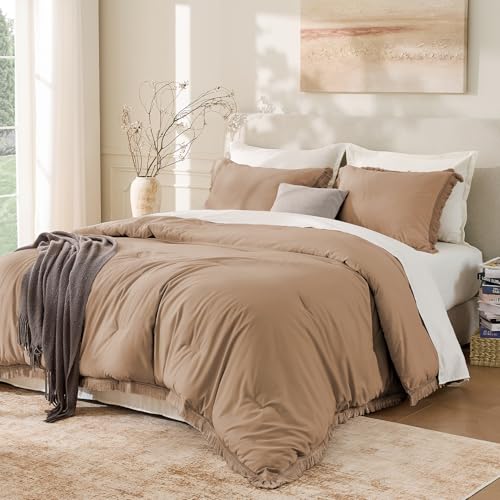 Image of Andency Taupe Comforter Set King Size, 3 Pieces Boho Tassel Lightweight Bedding Comforter Sets for King Bed, Tan All Season Soft Fluffy Fringe Bed Set (104x90In Comforter & 2 Pillowcases)