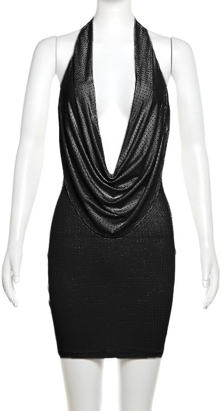 Women Sexy Sparkly Dots Prom Dress Halter Deep V Neck Ruched Backless Bodycon Mini Dress - Image 5