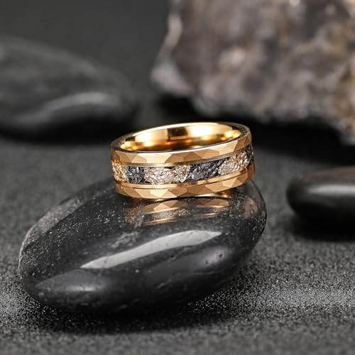 Mens Tungsten Carbide Wedding Bands 8mm Black Hammered Edge Gold Foil Inly Durable Scratch Proof Stainless Steel Cool Promise Ring for Him Comfort Fit4