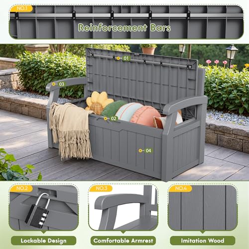 Image of Greesum 80 Gallon Storage Bench Outdoor Deck Box with Armrest, Grey