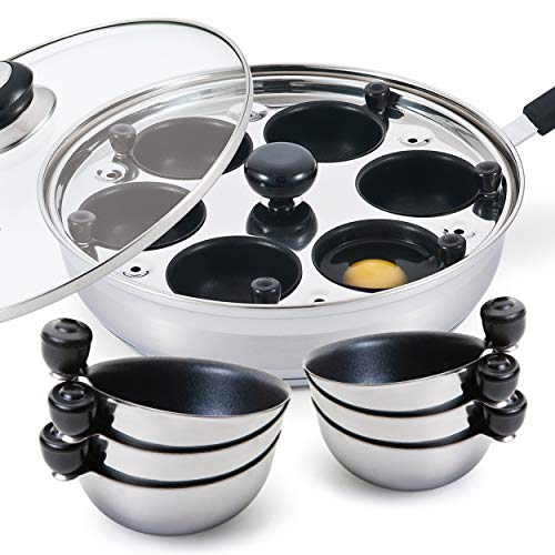 Eggssentials Poached Egg Maker - 6 Extra Nonstick Egg Poaching Cups - Stainless Steel Egg Poacher Food Grade Safe PFOA Free with Spatula