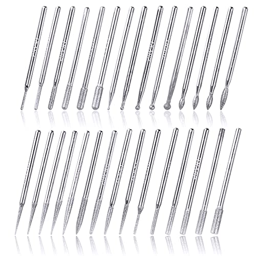 Mesee 30 Pieces Diamond Burr Assortment Set, 2.35mm Shank Diamond Coated Burrs Rotary File Grinding Drill Bits Rotary Tool Accessory for Metalworking Deburring Jewelry Engraving Ceramics Carving