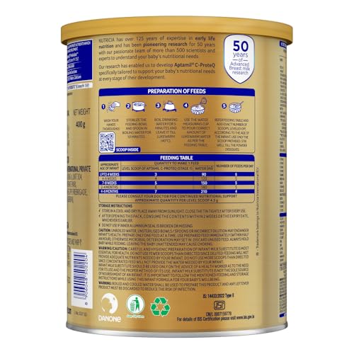 Image of Aptamil C-ProteQ, Infant Formula for babies (From Birth to 6 months)- With Synbiotics, - (Prebiotics, & Probiotics), DHA, Vitamin C & D, 400 g Tin