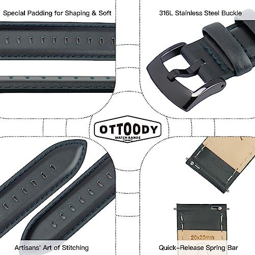 Image of OTTOODY Leather Watch Bands Quick Release, Elegant Top Grain Leather Watch Straps for Men & Women, Choice of Color & Width - 18mm, 19mm, 20mm, 21mm or 22mm Wristbands Bracelet for Watch & Smartwatch