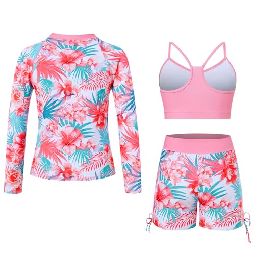 Image of Funnycokid Girls Swimsuit 3 Pieces Zip Rash Guard Bathing Suits Set Kids Bikini Boyshort Summer Swimwear 3-14 Years