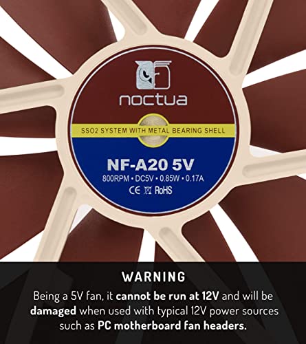 Image of Noctua NF-A20 5V, Premium Quiet Fan with USB Power Adaptor Cable, 3-Pin, 5V Version (200x30mm, Brown)