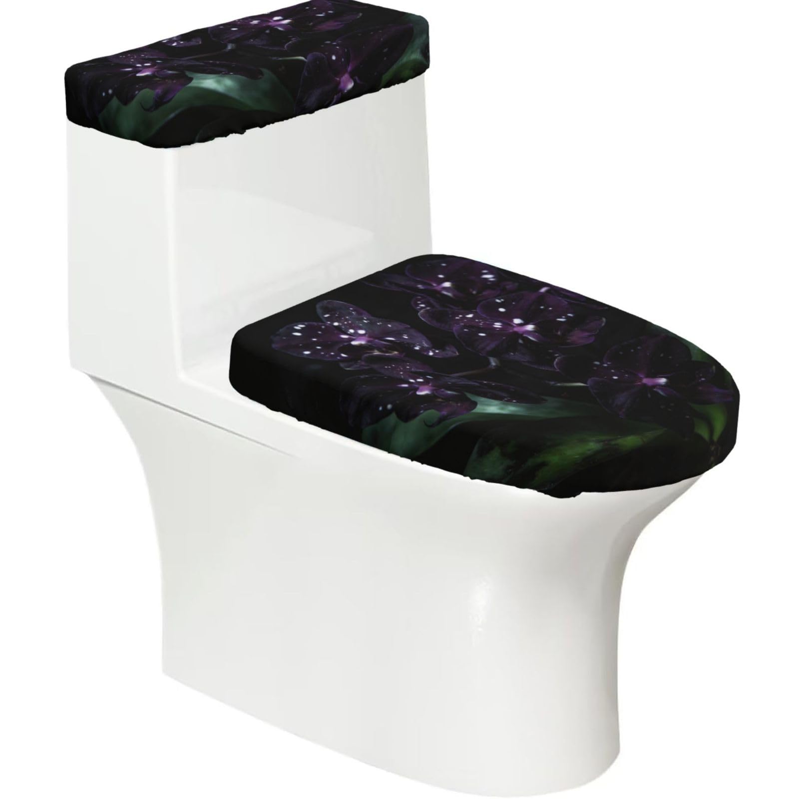 Cntdbu Black Dark Purple Orchid Stretchy Toilet Lid And Tank Cover Set-Soft Elastic Bathroom Decor For U Shape Oval