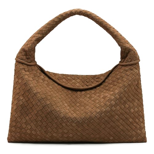 Image of NEWBELLA Women's Vegan Leather Woven Tote, Vintage Suede Hobo, Suede Woven Purse Shoulder Bag Top-Handle Bag (Khaki)