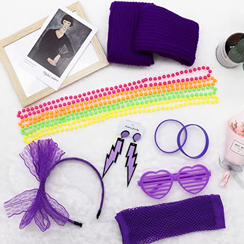 80s Fancy Dress for Women, 1980s Party Purple Costume Accessories Set Tutu Skirt Leg Warmers Fishnet Gloves Glasses Earrings Bracelet Necklace Headband, Retro Outfit for 80s Party, Dress up Day - Image 3