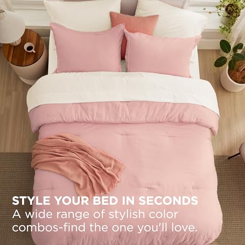 Image of Bedsure Queen Comforter Set - 7 Pieces Pink Queen Bedding Set for All Seasons, Boho Contrasting Design Bed in a Bag with Comforter, Sheets, Pillowcases & Shams