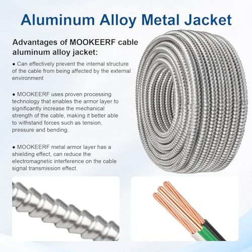 Image of MOOKEERF 8 /2 MC Cable with Ground - 250FT Pure Copper 8AWG /2 Metal Clad Wire with Aluminum Armor 8 Gauge 2 Conductor Type MC Alum Cable