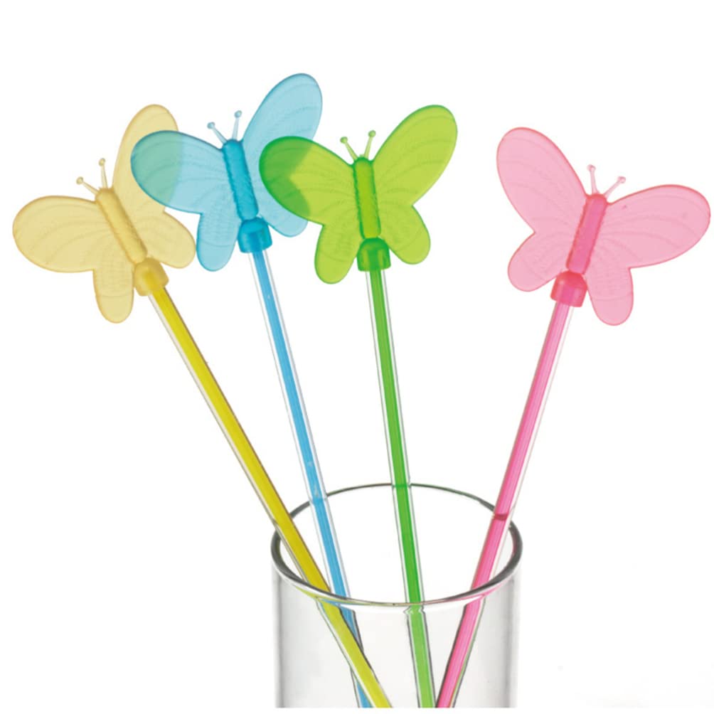 Angoily 25Pcs Acrylic Butterfly Stirring Sticks Cocktail Stir Picks Stir Swizzle Stick Spoons Ice Drink Stirrer Mixing Spoons for Juices Chocolate Milk 22cm (Random Color)