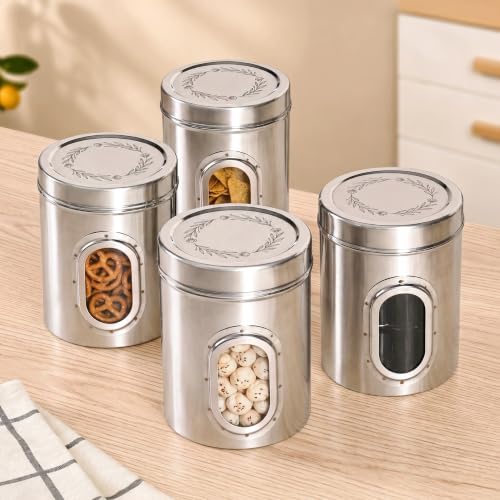 Image of Nestasia Stainless Steel Jar with Lid Set of 4 (1.25L Each) - Airtight & Rust Resistant Container for Kitchen Storage | Etched Floral Dabba with See Through Window - Ideal for Snacks, Cookies & Pulses