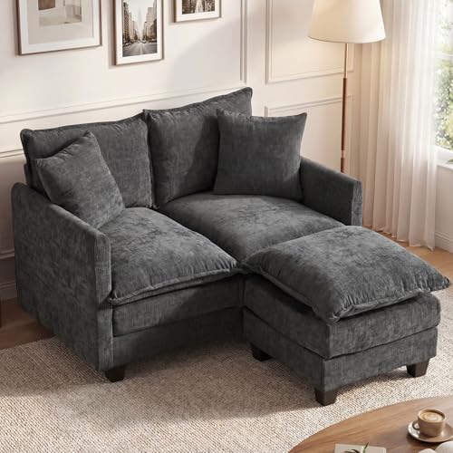 Image of 50'' L-Shape Loveseat Sofa with 22 inch Ottoman, 2 Seat Modern Cloud Couch with 2 Washable Pillows for Small Space Apartment Office Living Room Bedroom, Grey