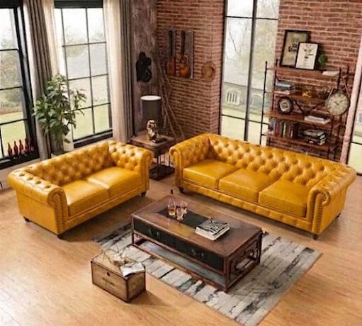 Image of Modern Classic Design Leatherette Luxury Chester Sofa Set with Button Tufted, 3+2=5 Seater Sofa for Living Room Home, Office and Lobby (Yellow, 3+2=5 Seater Sofa)