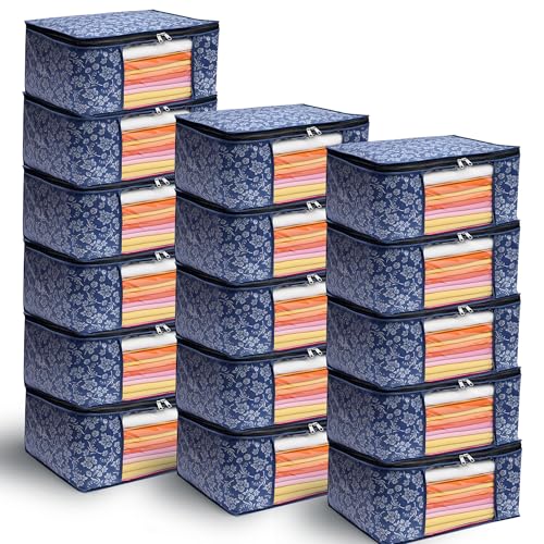 Image of Flower Printed Saree Covers for Cloth Storage & Wardrobe | Transparent Window, Zipper Closure | Blue | Pack of 16 | Dustproof, Breathable, Travel & Home Use