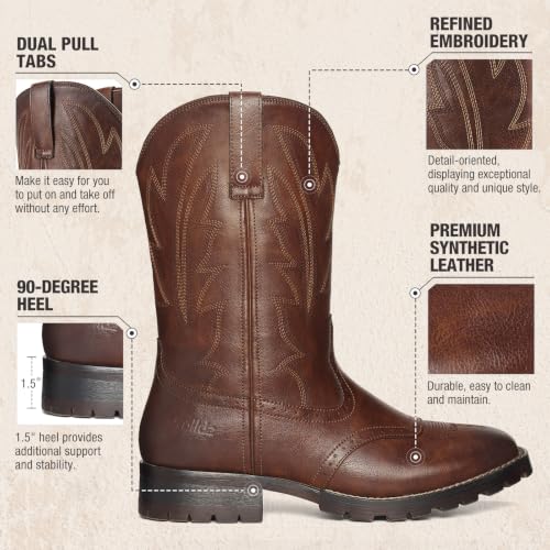 Image of Rollda Cowboy Boots for Men Western Boots Men's Square Toe Chunky Heel Mid-Calf Boots Classic Embroidered Pull On Boots