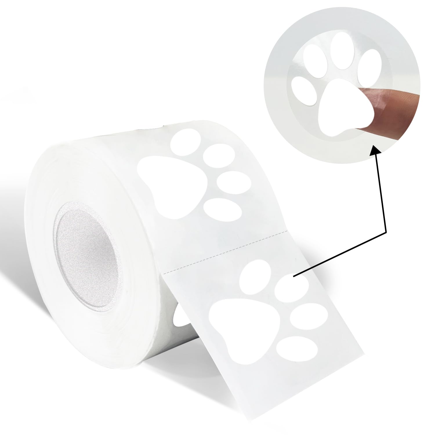 Yeachlaing 1.5" Clear Round Bear Paw Print Stickers - Dog Puppy Stickers With Perforation Line (500 PCS, White)