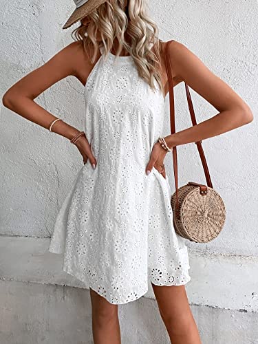 Wdirara Women's Eyelet Embroidery Sleeveless Keyhole Back Halter Neck Summer Aline Dress White L #TOP4