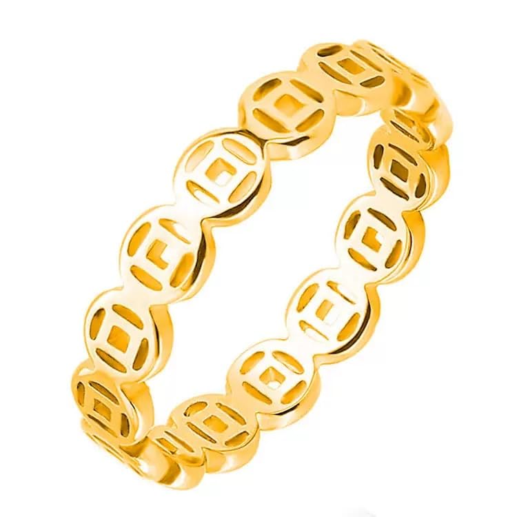 ENDLESSNESS & ETERNITY Lucky Feng Shui Copper Coin Band Ring 14K Gold Plated Stainless Steel Money Wealth Band Boost Energy