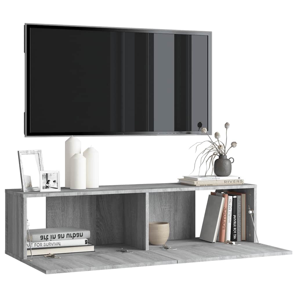 Fengshui Mobile da parete per TV, grigio Sonoma, 120 x 30 x 30 cm, in legno | 2 scomparti, porte pieghevoli, montaggio a parete, spazio per riviste e DVD