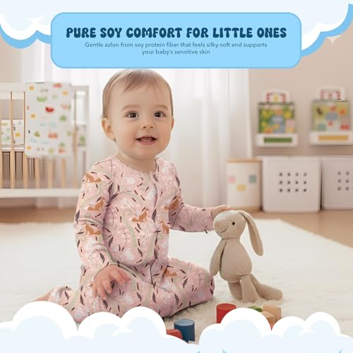 Image of Babysoy Baby Long Sleeve Gown Sleep Sack | Made with Organic Cotton & Azlon from Soy | Ultra Soft Nightgown for Easy Diaper Changes | Modern Prints, Reversible Mittens (12-18 Months,Fox /Peony)