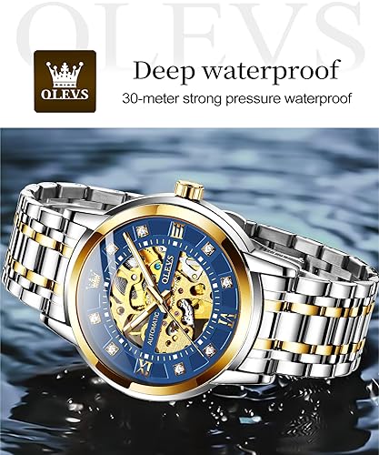 Image of OLEVS Men's Gold Skeleton Watch Automatic Mechanical self Winding Luxury Dress Stainless Steel Waterproof Luminous Wrist Watches