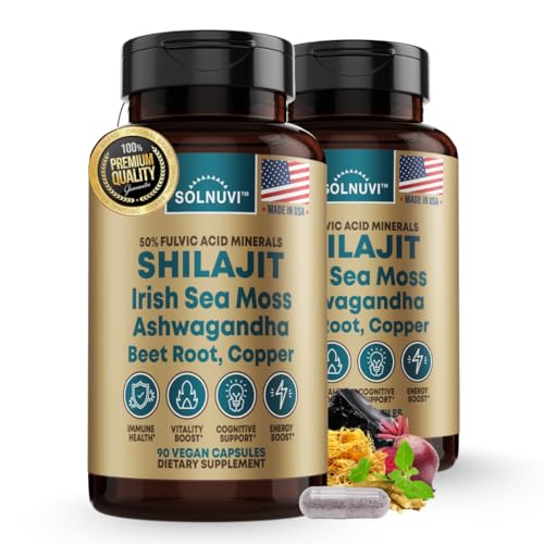 SOLNUVI Shilajit Pure Himalayan Organic Capsules with Irish Sea Moss, Ashwagandha, Copper, Beet Root - Fulvic Acid Trace Minerals Supplement for Men & Women - 90 Count, Non-GMO, Gluten-Free