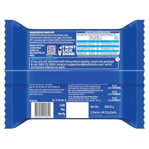 Image of Cadbury Oreo Vanilla Flavour Creme Sandwich Biscuit, 288.75 g (Pack of 3)