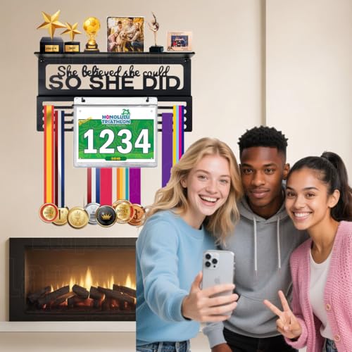 Image of Personalized Medal Holder with Name Display Rack for Awards Ribbons - Metal Custom Sports Race Plaques Hanger for Wall Mount Hold Up 63 Medal Hanger Display for Athlete Boy Girl Kid