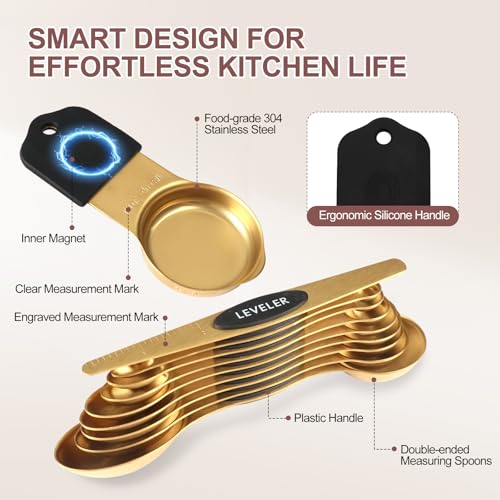 16-Piece Stainless Steel Measuring Cups and Spoons Set, Strong Magnetic Nesting Design 7 Cups 8 Spoons with Leveler, Double Measurement Markings for Dry & Liquid Ingredients, Gold by FONYA - Image 2