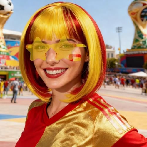 Image of ANOGOL Hair Cap + (Sunglasses) Red Yellow Bob Wig with Bangs Womens Red Yellow Party Wigs with Sunglasses Short Neon Wig Fun Wigs Halloween Costume Bachelorette Hair Sports Event