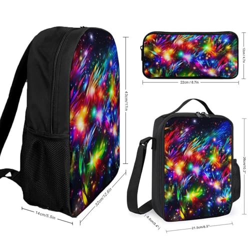 3 Piece Backpack for Women Men Lightweight Causal Daypack Shoulder Bag Set with Insulated Lunch Bag And Pencil Case Organizers Bright Beautiful Colorful Art2